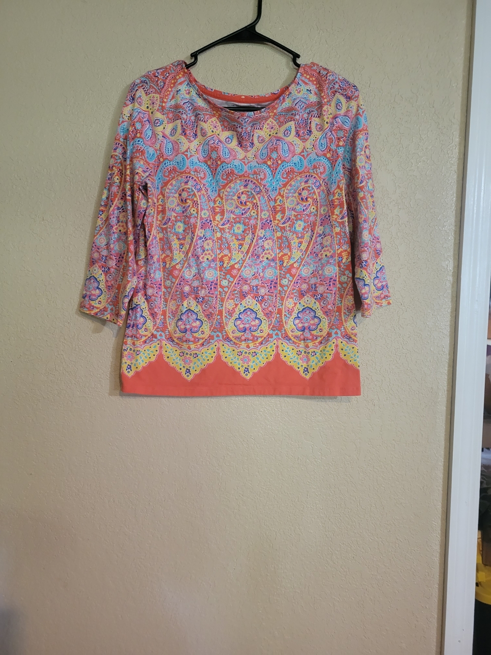 Talbots Coral Paisley Border-Print 3/4 Sleeve Top